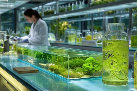 Bright eco-laboratory with algae beakers, molecular models, and leaf compound research