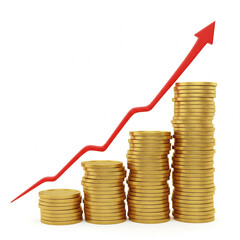 3D Vertical Gold Coin Stacks with Red Growth Arrow - Isometric Financial Illustration.