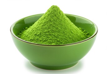 Green powdered substance in a bowl isolated on white background