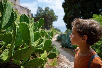 Young caucasian boy exploring lush cactus garden near mediterranean coast