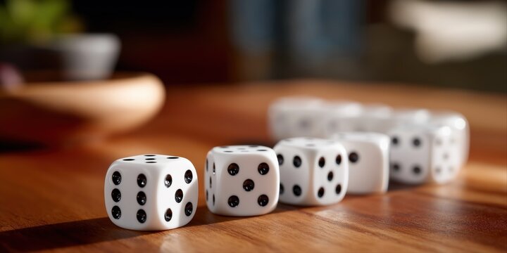 Close-up of aligned white dice on wooden surface showing sixes