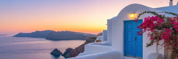Obraz premium Santorini Sunset Idyllic Greek Island View with Whitewashed House and Bougainvillea