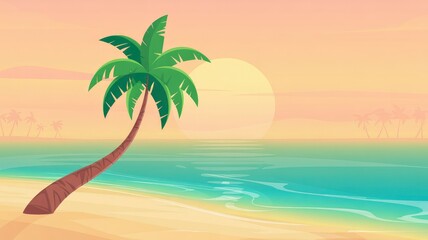 Fototapeta premium Serene Sunset on a Tropical Beach with Palm Tree