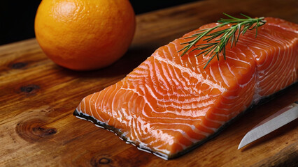 Raw Salmon Fillet on Wooden Surface