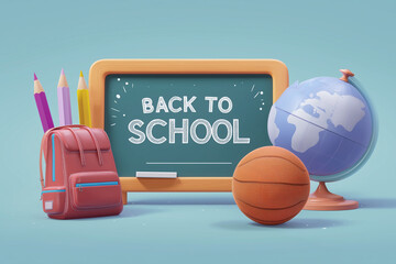Red backpack purple pink yellow pencils basketball globe and chalkboard with Back to School text school supplies
