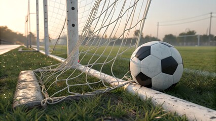 Realistic Soccer Ball in Goal Net on Grass Field – High-Resolution Football Image