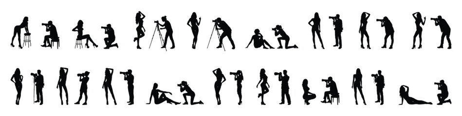 Photographers shooting and taking pictures of group of sexy female models in different positions silhouette set collection.