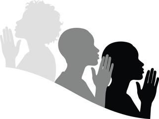 Silhouettes of people praying, unity in spirituality, cultural diversity, peaceful meditation, spiritual connection, religious harmony, devotion, reflection, vector art, belief