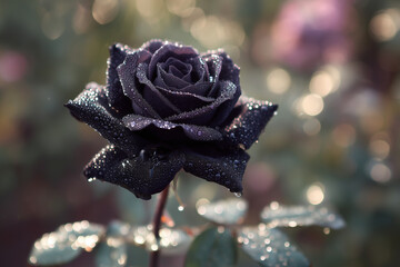 Dark purple rose covered in water droplets with soft bokeh background black rose