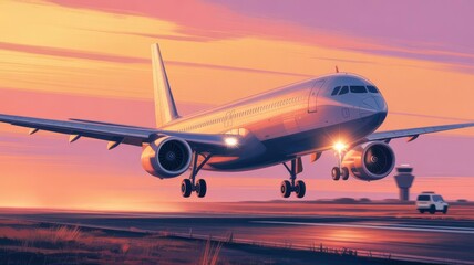 Airplane Landing at Sunset - Air Travel and Transportation Illustration