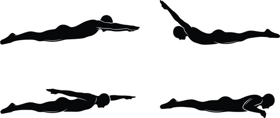 Silhouettes of swimmer in freestyle stroke, swimming technique stages, aquatic motion, swim training concept, water sport movement, athlete silhouette