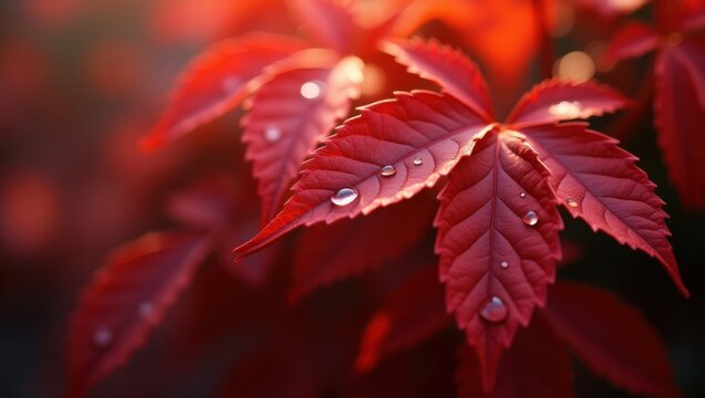 Vibrant red leaves glistening with morning dew in soft sunlight a beautiful autumnal scene