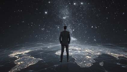 A man in a dark suit standing on the Earth, surrounded by glowing connections to other parts of the planet. The background is a night sky with stars and distant lights from cities.