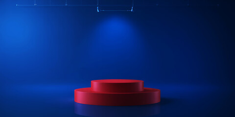 Fototapeta premium Red two tier podium under a spotlight against a dark blue background for product display