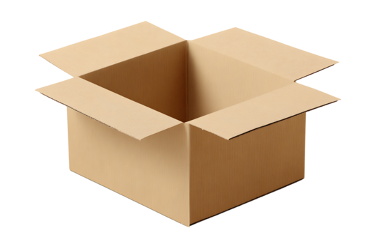 Isolated opened packaging cardboard box in close-up on a transparent background.
