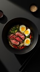 Delicious bowl of ramen featuring tender slices of beef, soft-boiled eggs, fresh vegetables, and aromatic broth, beautifully presented on a dark surface with elegant chopsticks