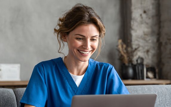 A nurse smiling while sitting at her laptop, wearing blue scrubs. The scene is set in an office environment with soft lighting and natural colors. She has brown hair tied back into a ponytail, - Powered by Adobe