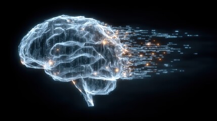 Abstract human brain dissolving into binary code symbolizes the fragmentation of memory into digital data packets, representing the concept of digital burnout