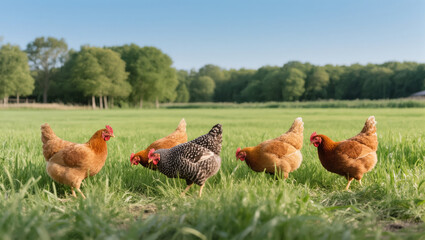 Fototapeta premium Free-range hens walking and pecking in green grass on a sunny farm field in summer countryside setting