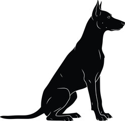 Sitting dog silhouette, pointed ears, long tail, black and white vector illustration for pet care, loyalty, obedience, nature, lifestyle themes