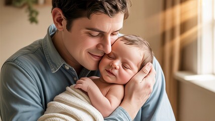 Fototapeta premium Tender Moment Father Gently Holding His Newborn Baby