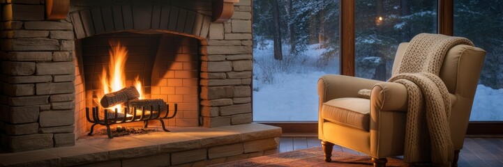 Cozy Winter Evening by the Fireplace Relaxation and Warmth in a Lakeside Cabin