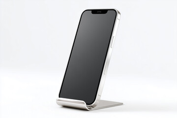 Silver smartphone with black screen on a minimalist metal stand against a white background mobile phone
