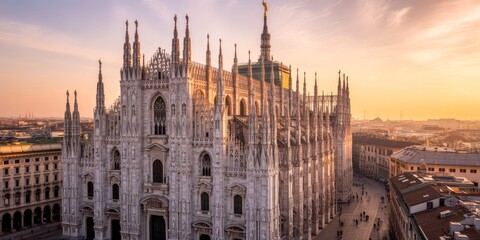 Naklejka premium Majestic Milan Cathedral at Sunrise A Panoramic View of Duomo di Milano