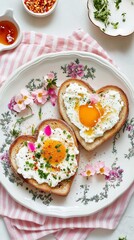 Heart-shaped toast with eggs, garnished with fresh herbs and edible flowers, served on a decorative plate, creating a delightful breakfast presentation for special occasions