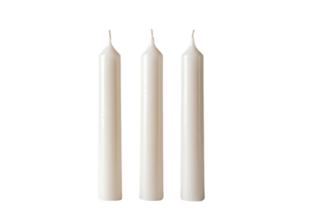 Three simple, white pillar candles, vertically aligned against a black background