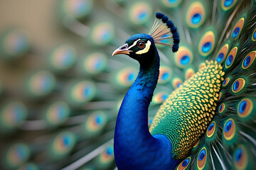 Obraz premium Close-up of a Majestic Peacock Displaying its Vibrant Plumage with Intricate Details and Stunning Color Gradations