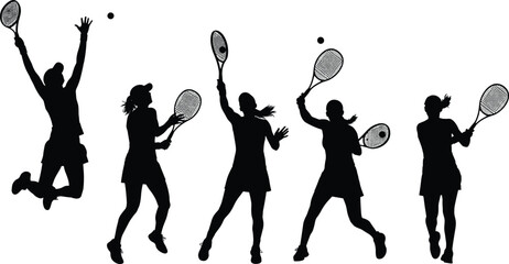 Tennis player silhouettes, serving, swinging, jumping, fitness pose, sports action, black vector illustration, competitive match, racket movement, white background
