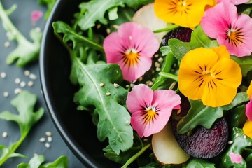 Obraz premium Fresh salad featuring vibrant edible flowers, mixed greens, and colorful vegetables, beautifully arranged in a black bowl, showcasing healthy eating and culinary artistry