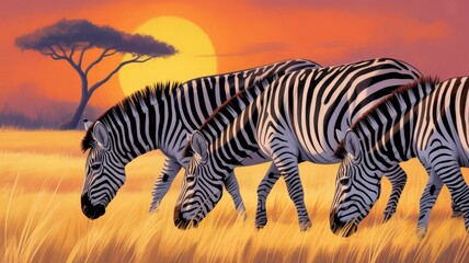 Fototapeta premium Three Zebras Grazing at Sunset in the African Savanna