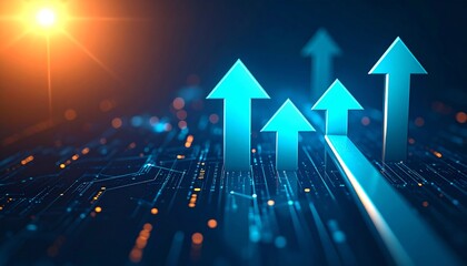 A digital illustration with upward arrows symbolizing growth and progress against a backdrop of circuit patterns and warm lighting.