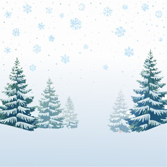 Obraz premium A serene winter landscape illustration with snow-covered evergreen trees and falling snowflakes.