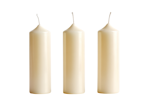 Three simple, cylindrical candles of a light beige color, arranged vertically