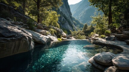 Amazing pool Hidden gem nestled among mountains mountain stream feeding into a stunning infinity pool natures embrace