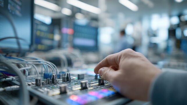 Medium shot of a hand controlling network throttling devices clear in foreground while lab environment is out of focus illustrating realtime adaptive bitrate stream torturetesting.