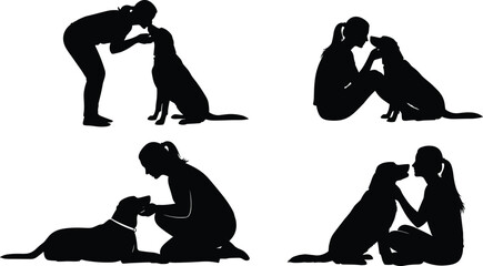 Woman walking with dog, holding leash, silhouette illustration in outdoor pose, pet care, training activity, black vector artwork, lifestyle bonding