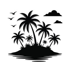 Tropical Island Silhouette with Palm Trees and Birds
