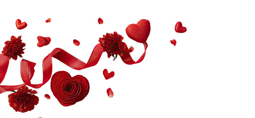 Red hearts, ribbon, and flowers on black background