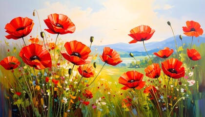 Obraz premium Vibrant poppy field painting under a serene sky capturing the essence of summer blooms