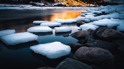Obraz premium Ice formations floating on a tranquil river at sunset, reflecting warm colors against a serene backdrop