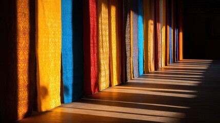 Fototapeta premium Vibrant colored drapes casting shadows in a serene indoor space, creating a warm atmosphere