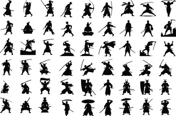 Japanese Samurai Warrior Silhouette Set – Traditional Martial Icon Pack Samurai Warrior Icon Collection – Japanese Sword Fighter Silhouette Art