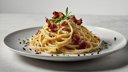 Traditional pasta carbonara with creamy sauce, crispy bacon, and parmesan. Authentic Italian dish.