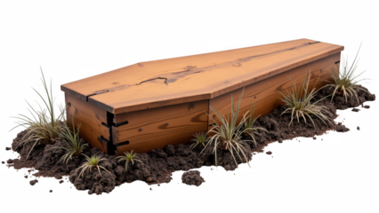 Wooden coffin resting on ground, surrounded by grass and soil, evokes sense of solemnity and reflection