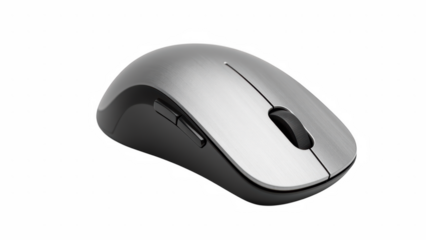 Sleek wireless computer mouse with metallic finish, ergonomic design, and smooth scrolling functionality, perfect for office use
