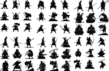 Japanese Samurai Warrior Silhouette Set – Traditional Martial Icon Pack Samurai Warrior Icon Collection – Japanese Sword Fighter Silhouette Art